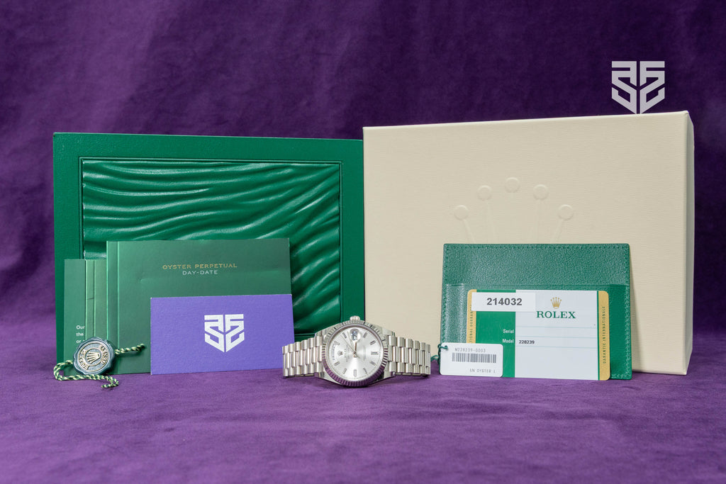 Rolex DayDate 40 White Gold Silver Baguette Diamond Dial Ref: 228239 2020