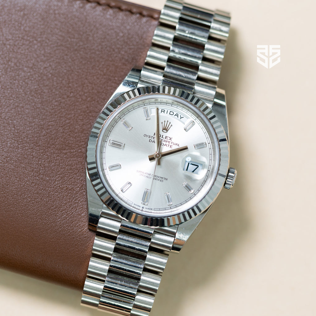 Rolex DayDate 40 White Gold Silver Baguette Diamond Dial Ref: 228239 2020