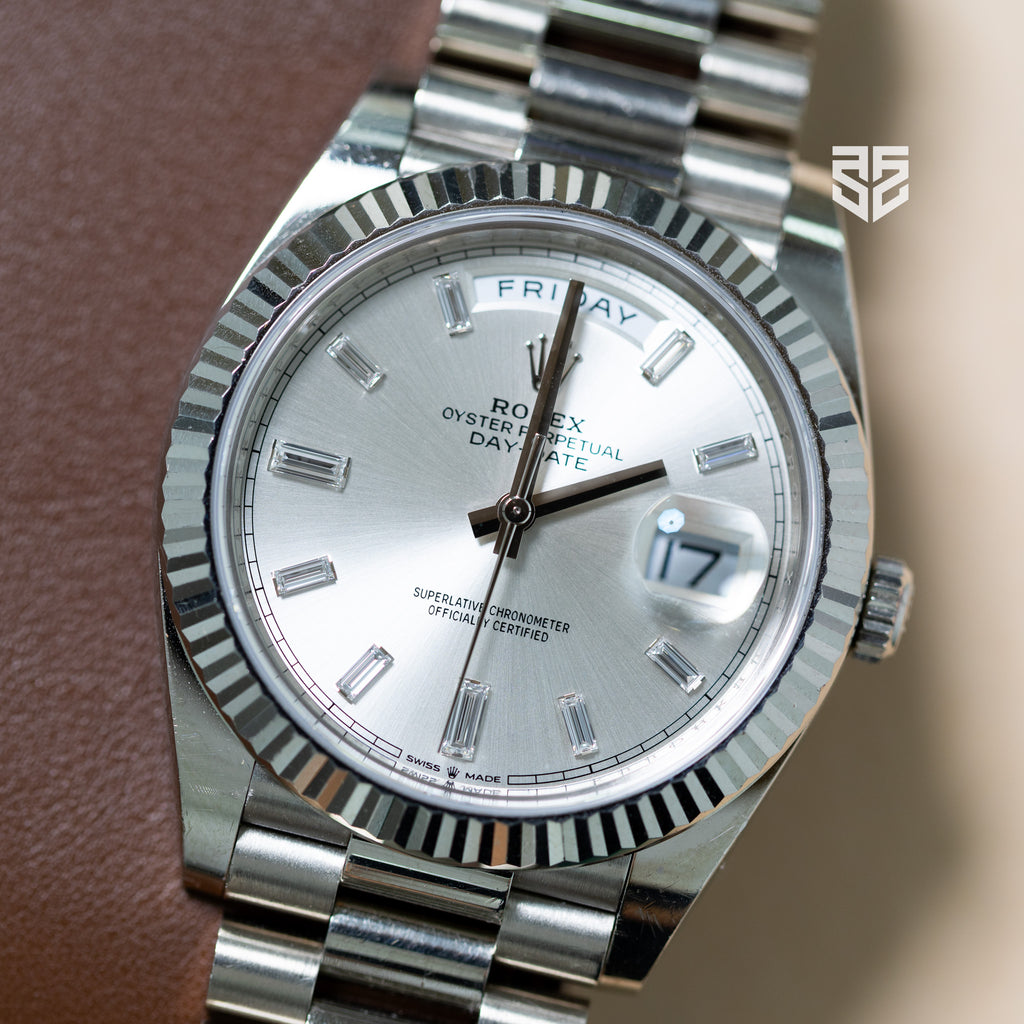 Rolex DayDate 40 White Gold Silver Baguette Diamond Dial Ref: 228239 2020