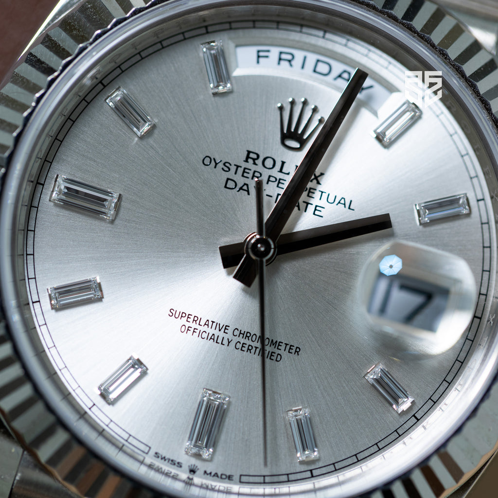 Rolex DayDate 40 White Gold Silver Baguette Diamond Dial Ref: 228239 2020