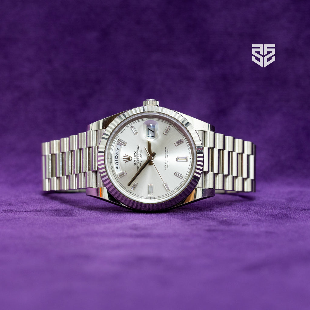 Rolex DayDate 40 White Gold Silver Baguette Diamond Dial Ref: 228239 2020