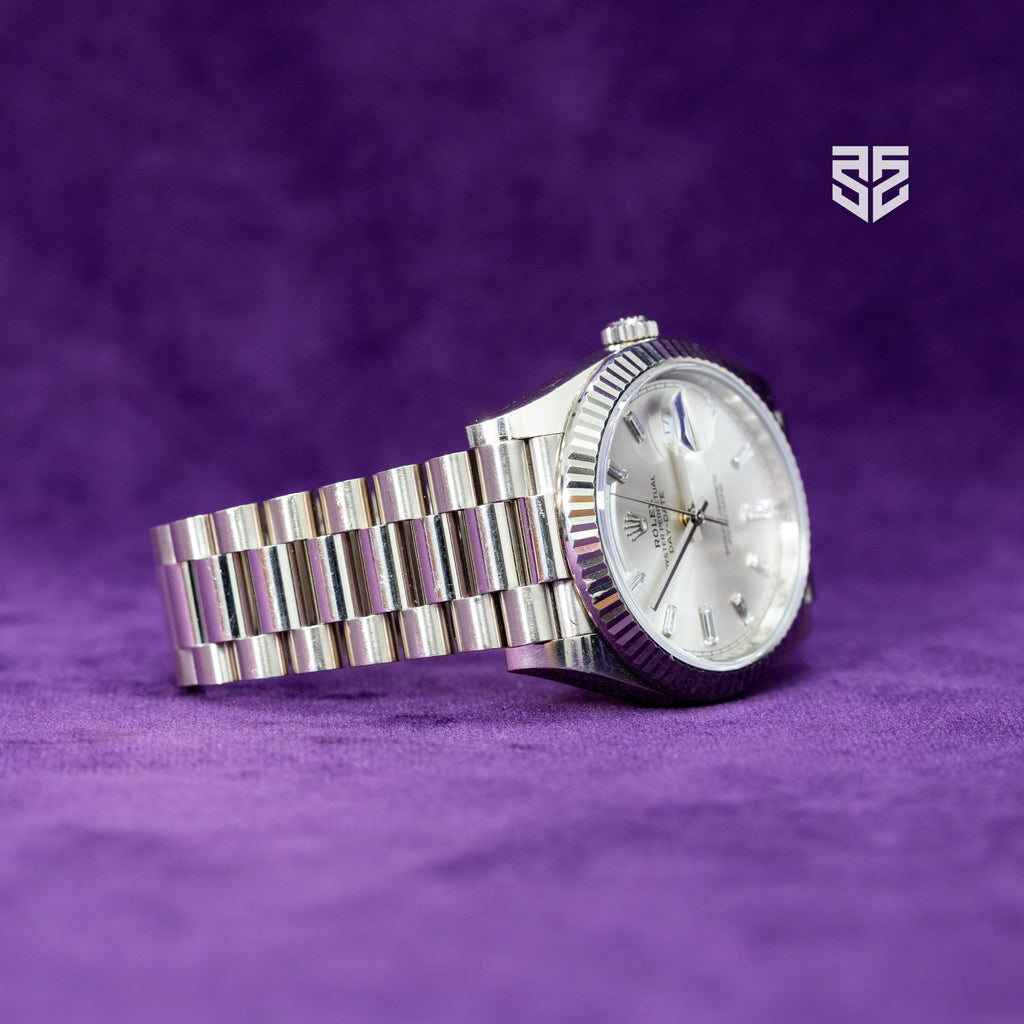 Rolex DayDate 40 White Gold Silver Baguette Diamond Dial Ref: 228239 2020