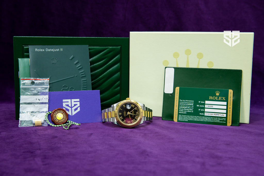 Rolex DateJust Yellow Gold Two Tone Black Roman Dial Ref: 116333