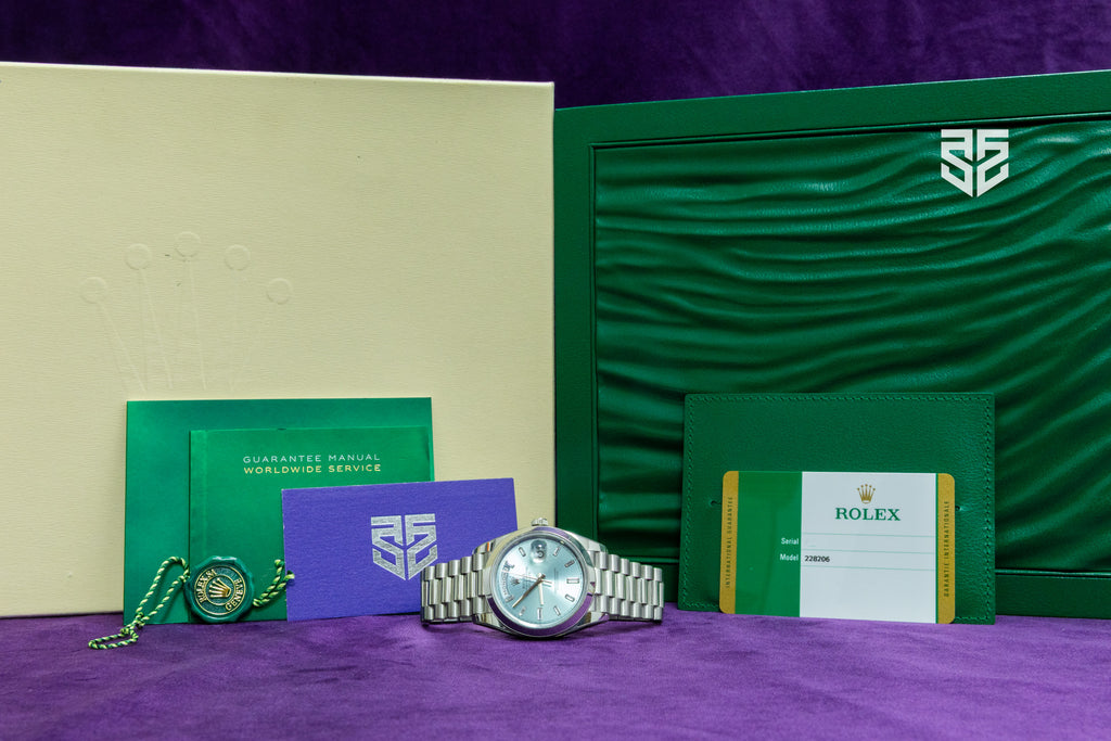 Rolex DayDate 40 Platinum with Ice Blue Baguette Diamond Dial Ref: 228206