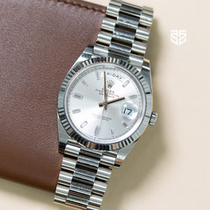 Rolex DayDate 40 White Gold Silver Baguette Diamond Dial Ref: 228239 2020