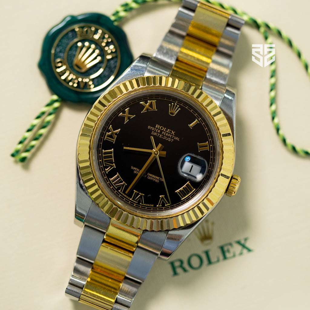 Rolex DateJust Yellow Gold Two Tone Black Roman Dial Ref: 116333