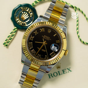 Rolex DateJust Yellow Gold Two Tone Black Roman Dial Ref: 116333