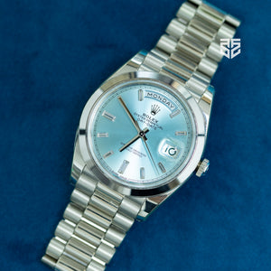Rolex DayDate 40 Platinum with Ice Blue Baguette Diamond Dial Ref: 228206