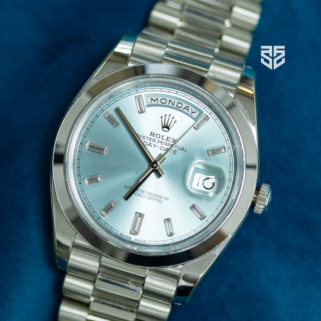 Rolex DayDate 40 Platinum with Ice Blue Baguette Diamond Dial Ref: 228206
