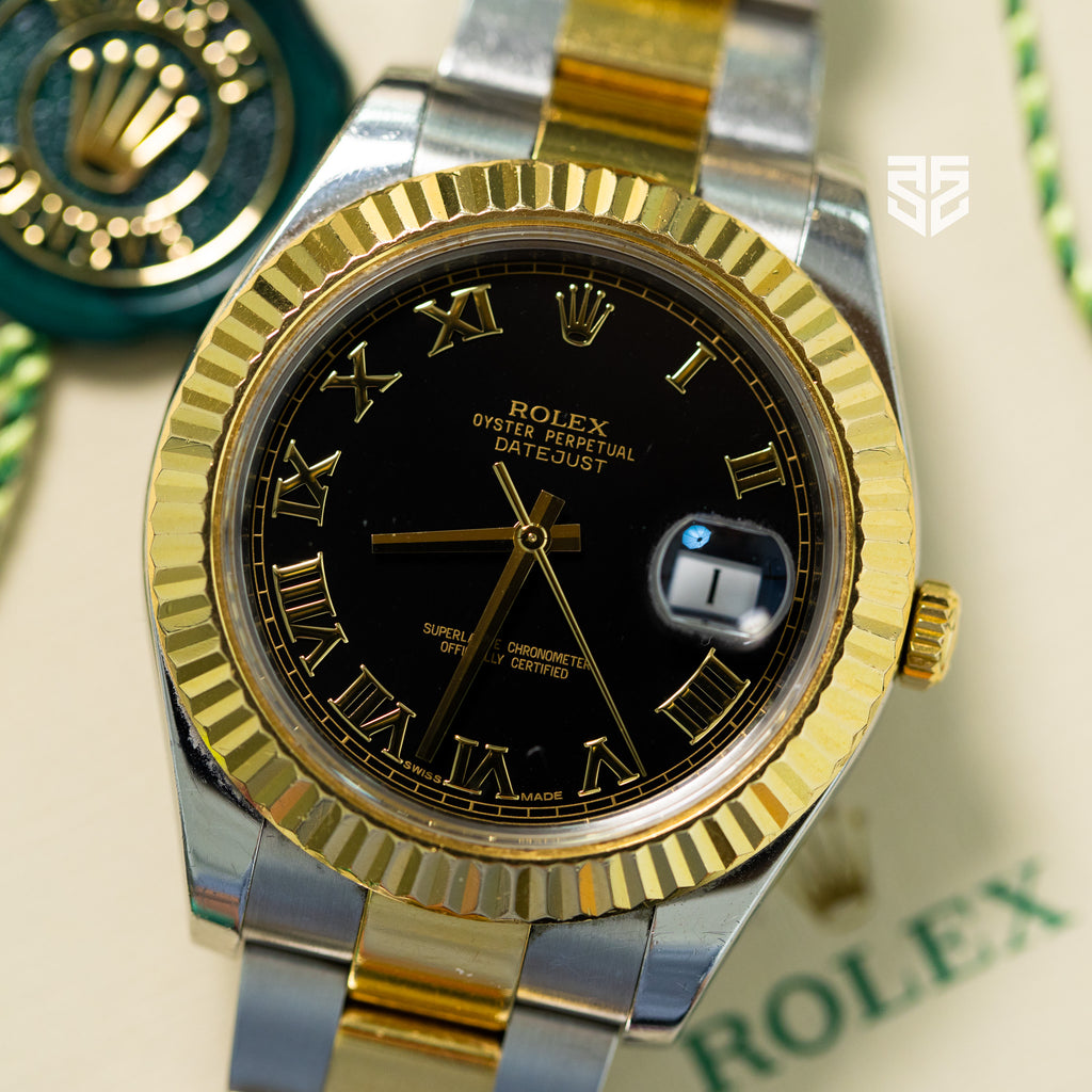 Rolex DateJust Yellow Gold Two Tone Black Roman Dial Ref: 116333