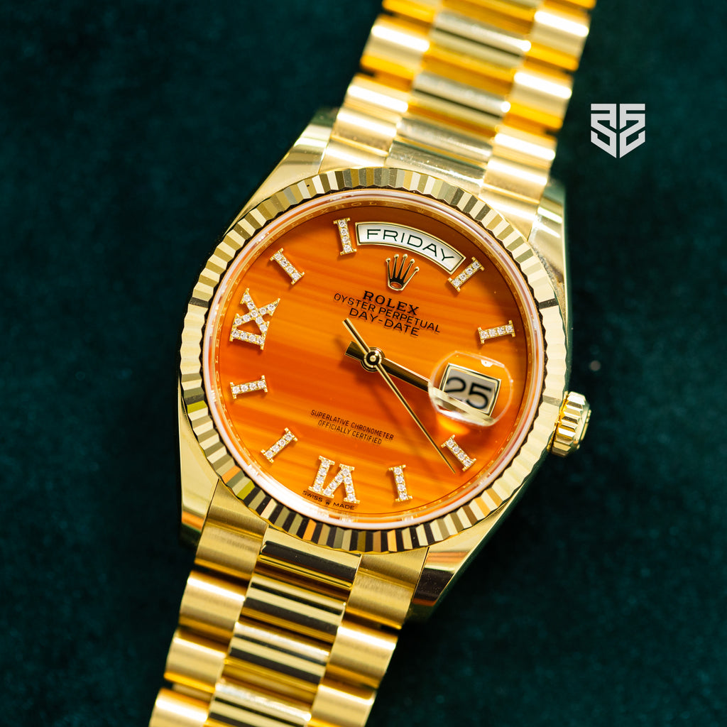 Yellow Rolex DayDate 36 Gold Carnelian Dial Ref: 128238 2025