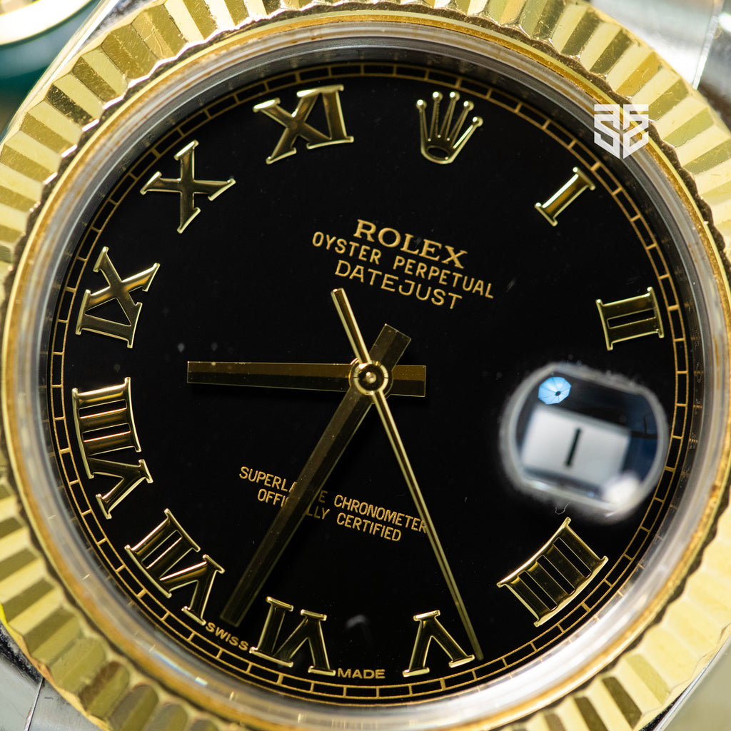 Rolex DateJust Yellow Gold Two Tone Black Roman Dial Ref: 116333