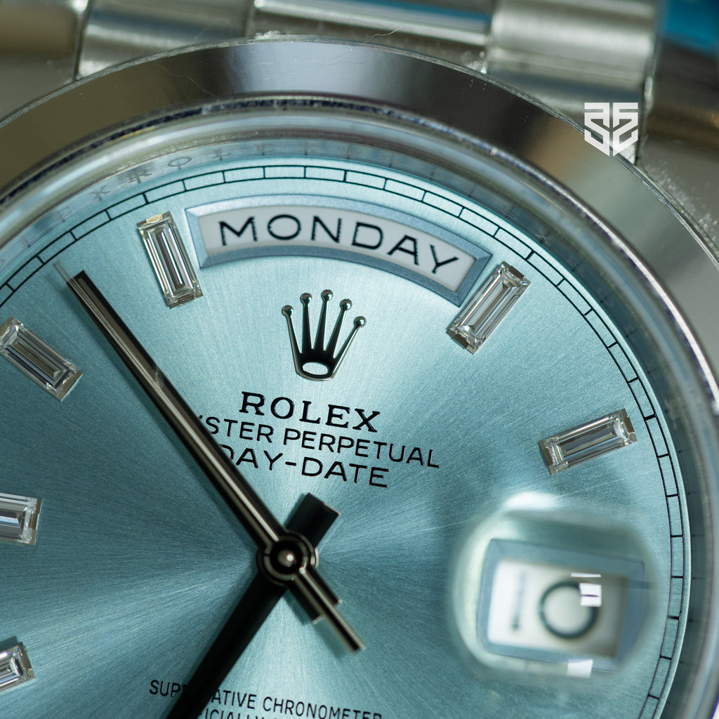 Rolex DayDate 40 Platinum with Ice Blue Baguette Diamond Dial Ref: 228206