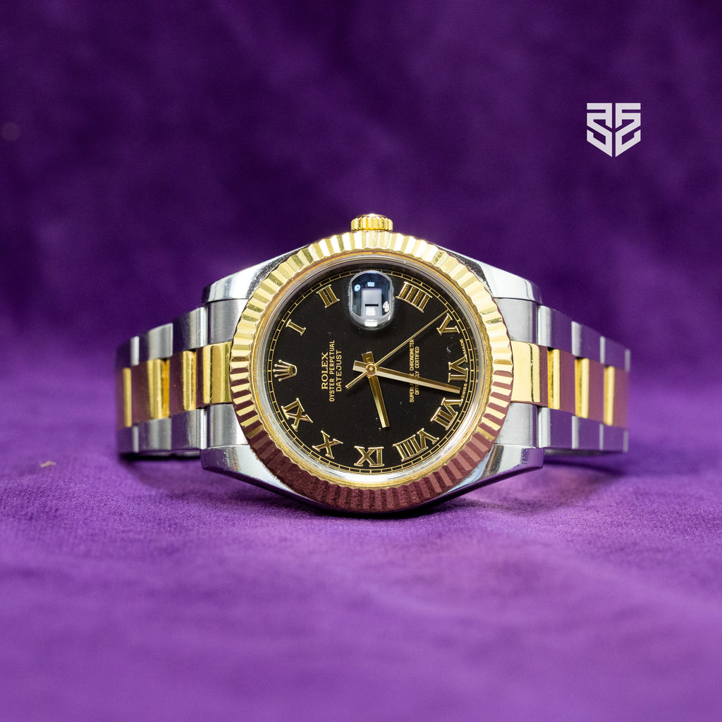Rolex DateJust Yellow Gold Two Tone Black Roman Dial Ref: 116333