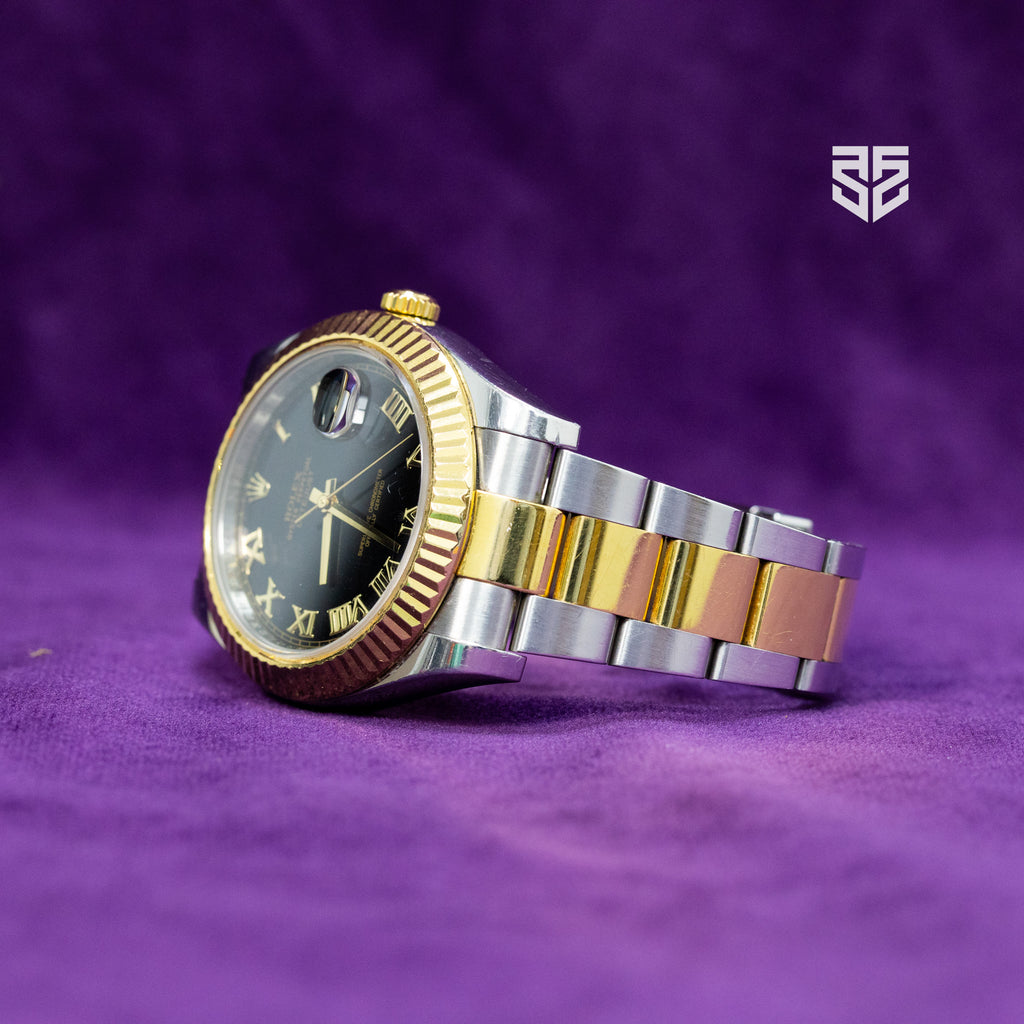 Rolex DateJust Yellow Gold Two Tone Black Roman Dial Ref: 116333