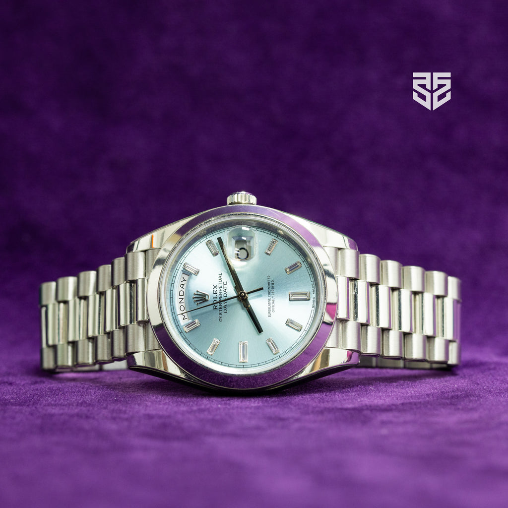 Rolex DayDate 40 Platinum with Ice Blue Baguette Diamond Dial Ref: 228206