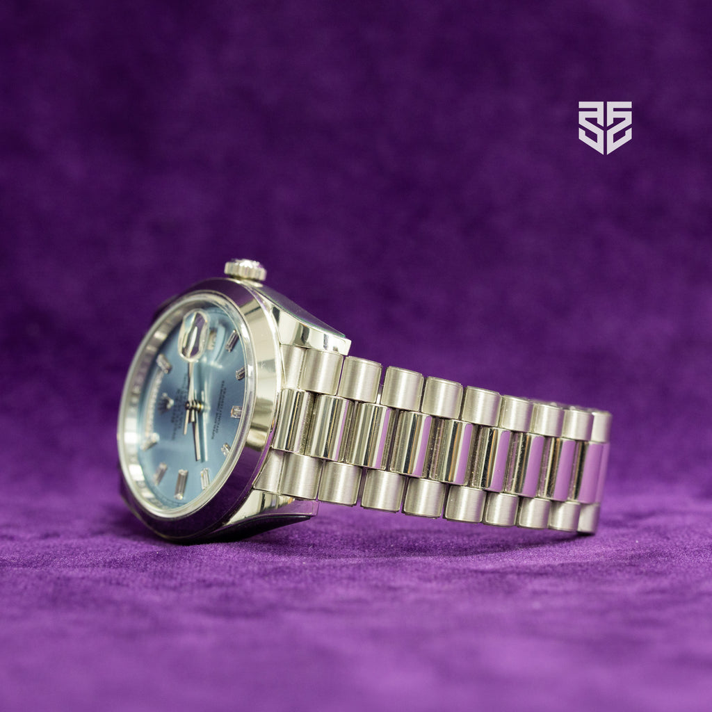 Rolex DayDate 40 Platinum with Ice Blue Baguette Diamond Dial Ref: 228206