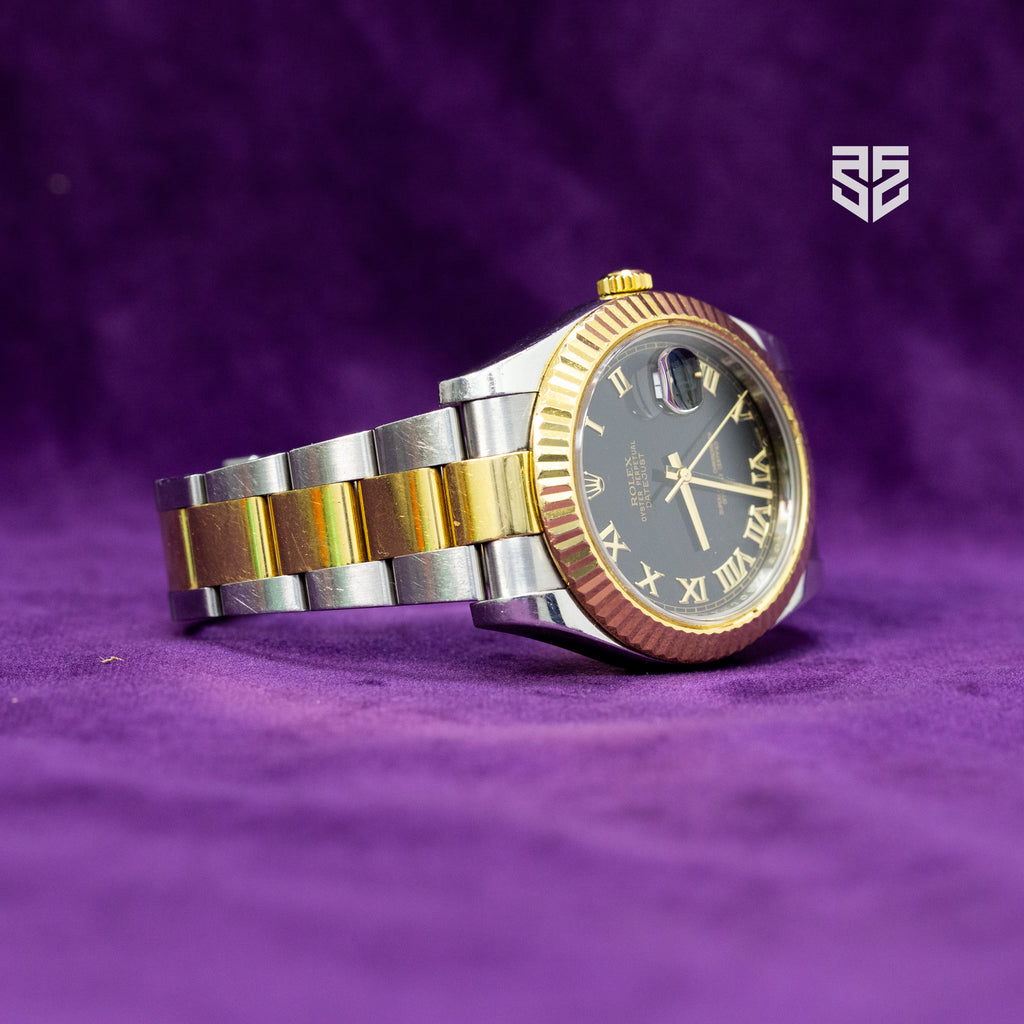 Rolex DateJust Yellow Gold Two Tone Black Roman Dial Ref: 116333