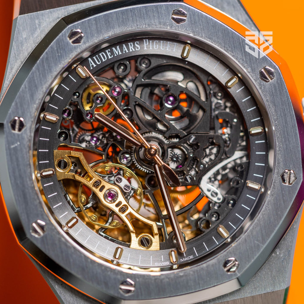 Audemars Piguet Royal Oak Openworked 15407ST 2018 dial detail — The Smiling Second, Melbourne