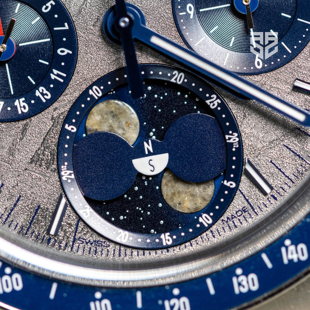 Omega Speedmaster Moonphase 304.30.43.52.06.001 dial detail — The Smiling Second, Melbourne