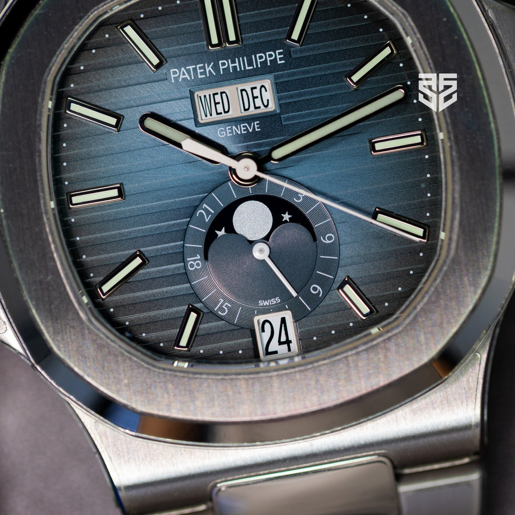 Patek Philippe Nautilus Annual Calendar 5726 dial detail — The Smiling Second, Melbourne