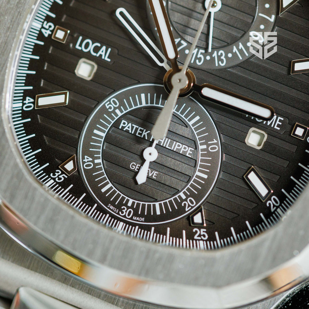 Patek Philippe Nautilus Travel Time Chronograph 5990/1A 2015 dial detail — The Smiling Second, Melbourne