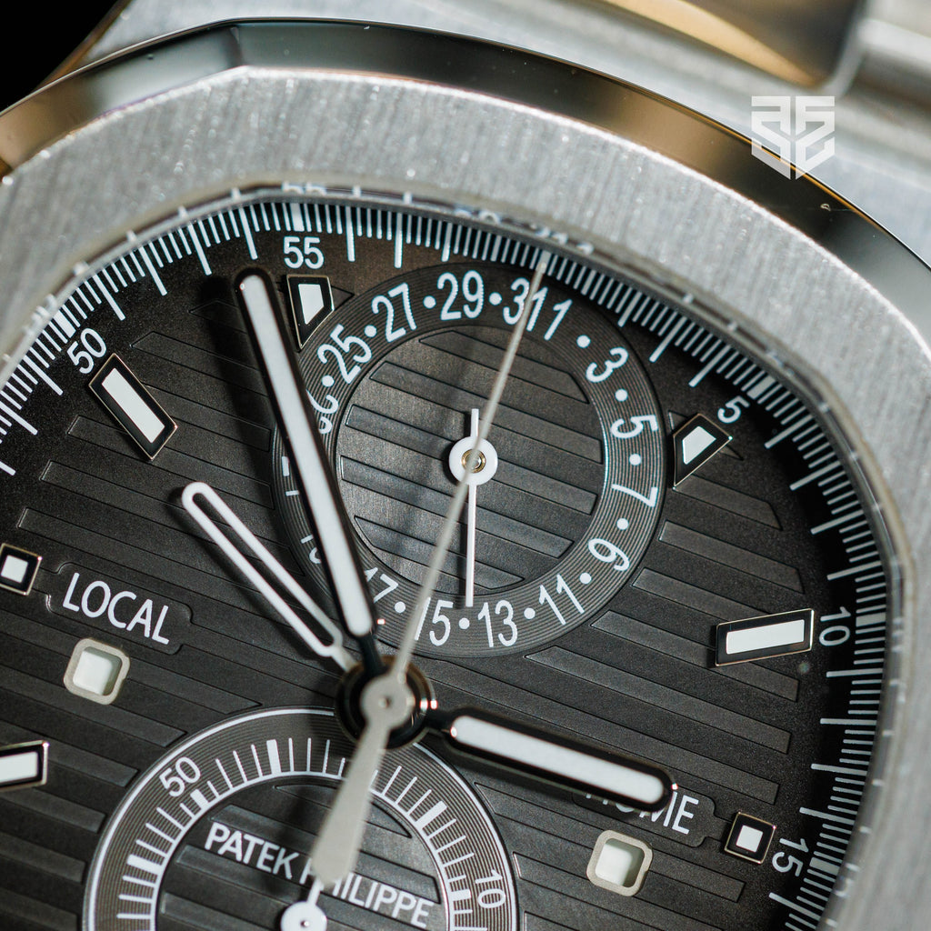 Patek Philippe Nautilus Travel Time Chronograph 5990/1A 2015 chronograph counter detail — The Smiling Second, Melbourne