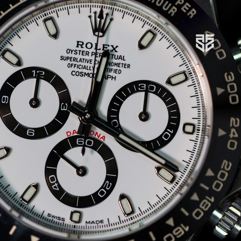 Rolex Daytona Panda 116500LN 2021 dial detail — The Smiling Second, Melbourne