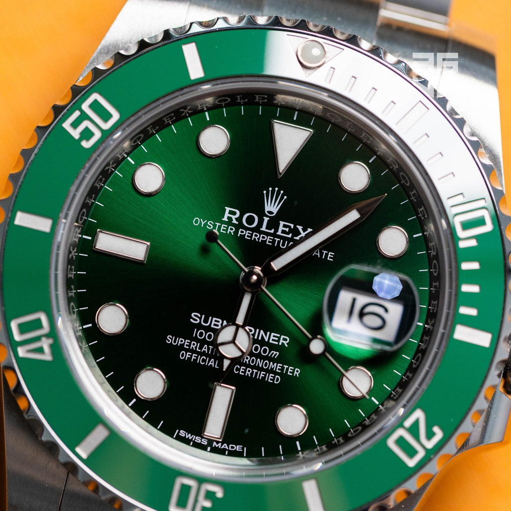 Rolex Submariner Hulk 116610LV 2020 dial detail — The Smiling Second, Melbourne