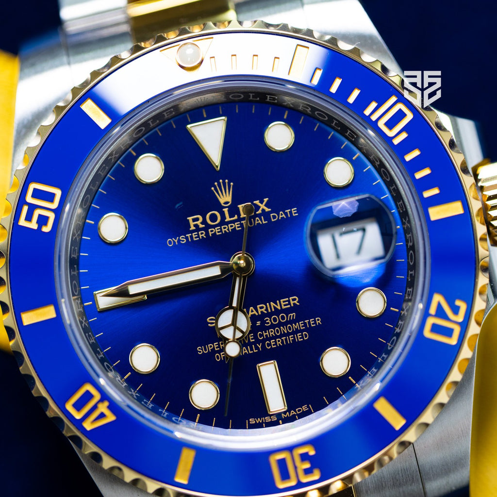 Rolex Submariner Bluesy 116613LB 2017 dial detail — The Smiling Second, Melbourne
