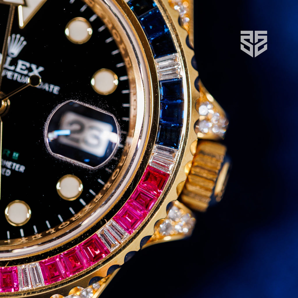 Rolex GMT-Master II Yellow Gold 116758SARU 2018 gem-set bezel detail — The Smiling Second, Melbourne