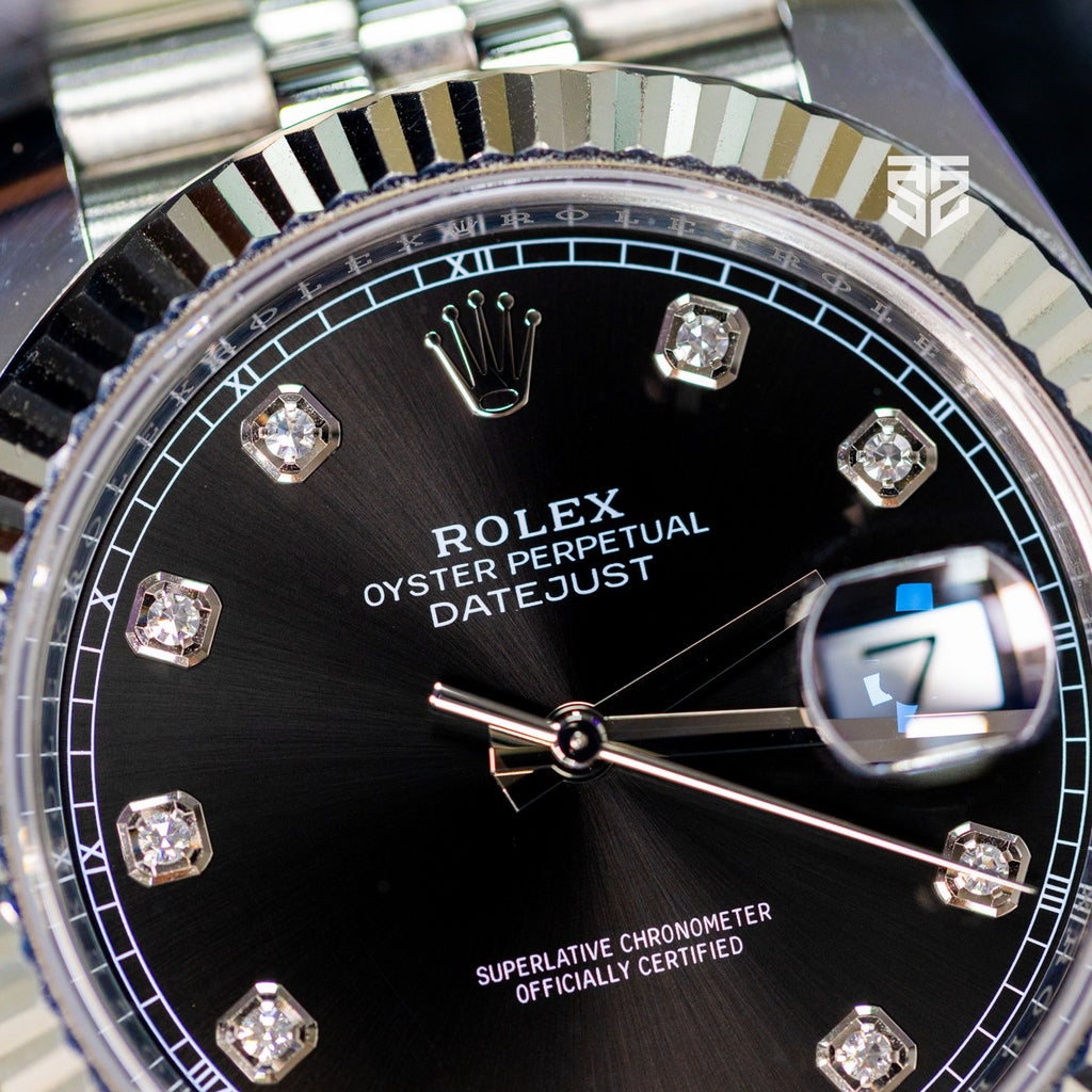 Rolex Datejust 41 black diamond dial 126334 2024 dial detail — The Smiling Second, Melbourne