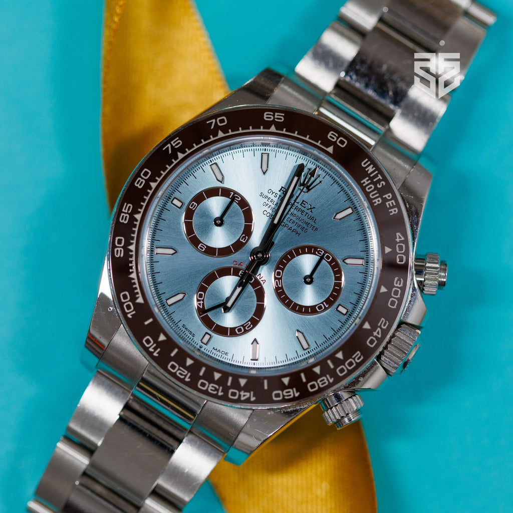 Rolex Daytona Platinum Ice Blue 126506 2023 bezel and dial detail — The Smiling Second, Melbourne