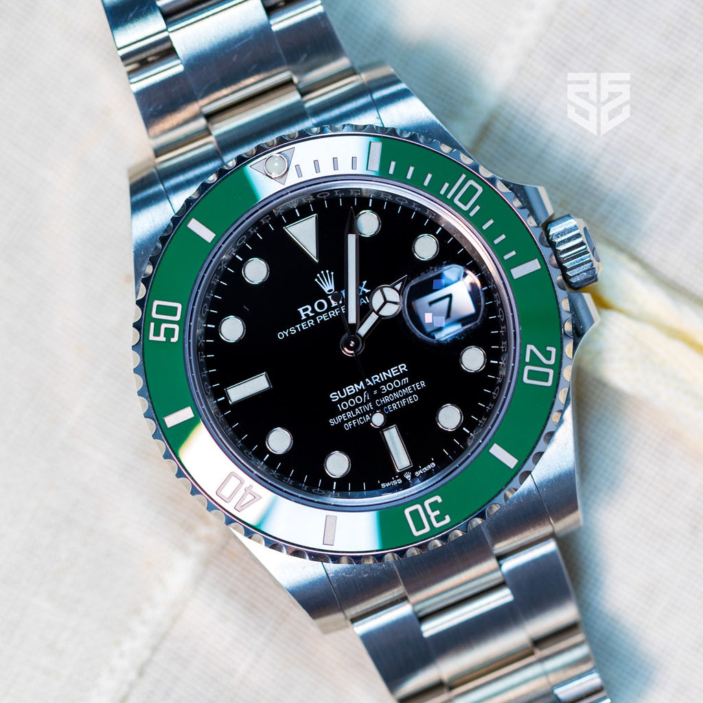 Rolex Submariner Starbucks 126610LV 2022 dial detail — The Smiling Second, Melbourne