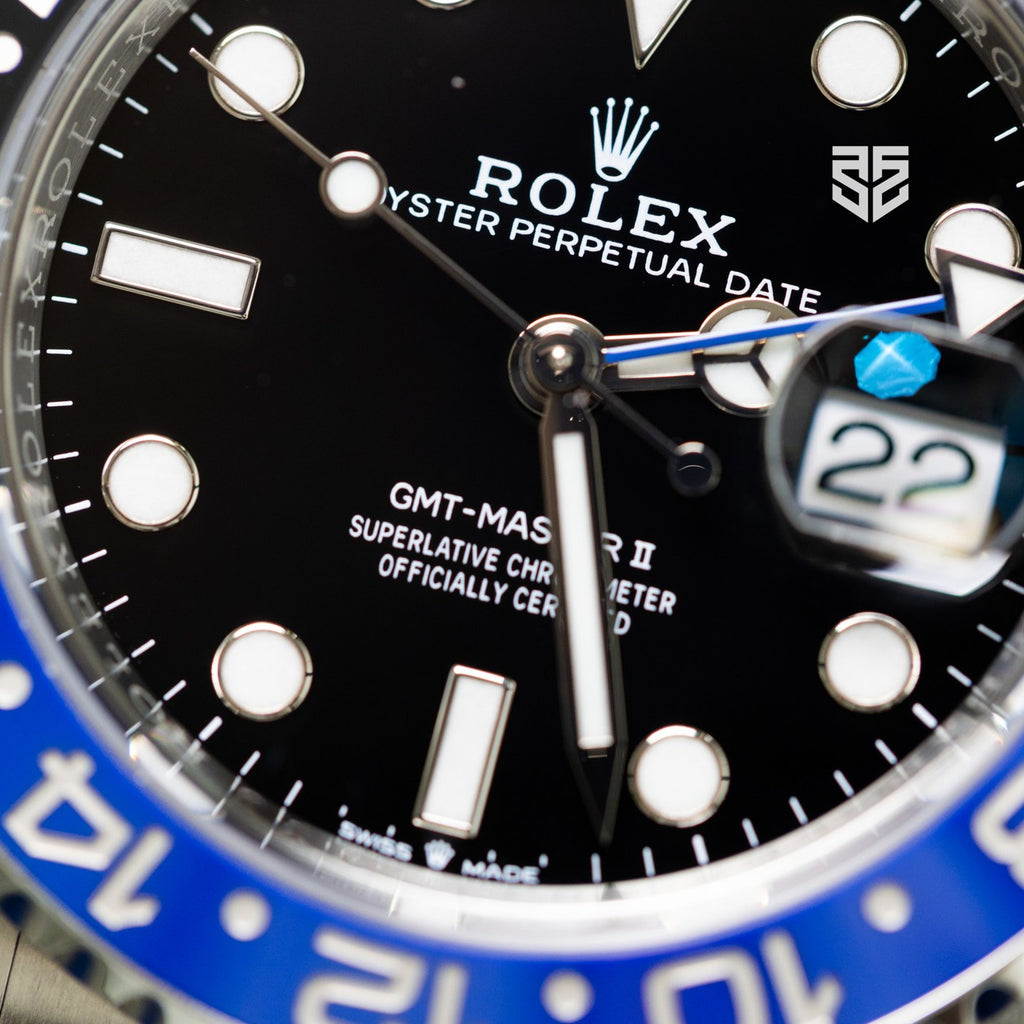 Rolex GMT-Master II Batman 126710BLNR 2023 dial detail — The Smiling Second, Melbourne