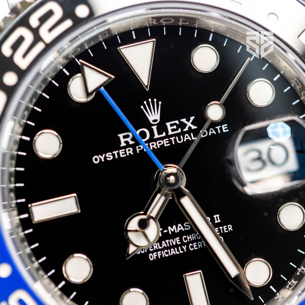 Rolex GMT-Master II Batgirl 126710BLNR 2025 dial detail — The Smiling Second, Melbourne