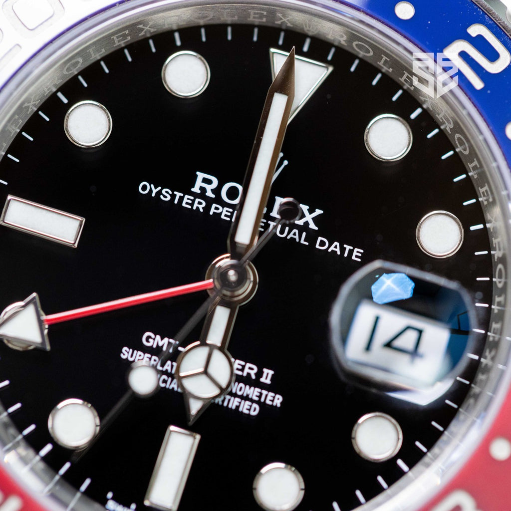 Rolex GMT-Master II 126710BLRO 2022 dial detail — The Smiling Second, Melbourne