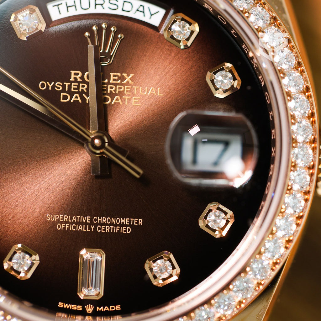 Rolex Day-Date 36 128345RBR dial detail — The Smiling Second, Melbourne