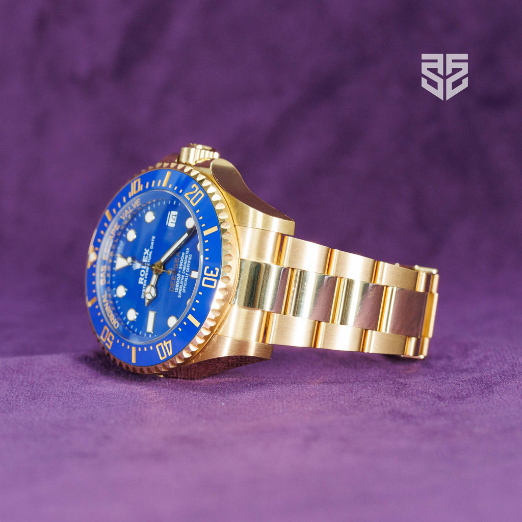 Rolex Deepsea Yellow Gold 136668LB 2024 case and bracelet at an angle — The Smiling Second, Melbourne