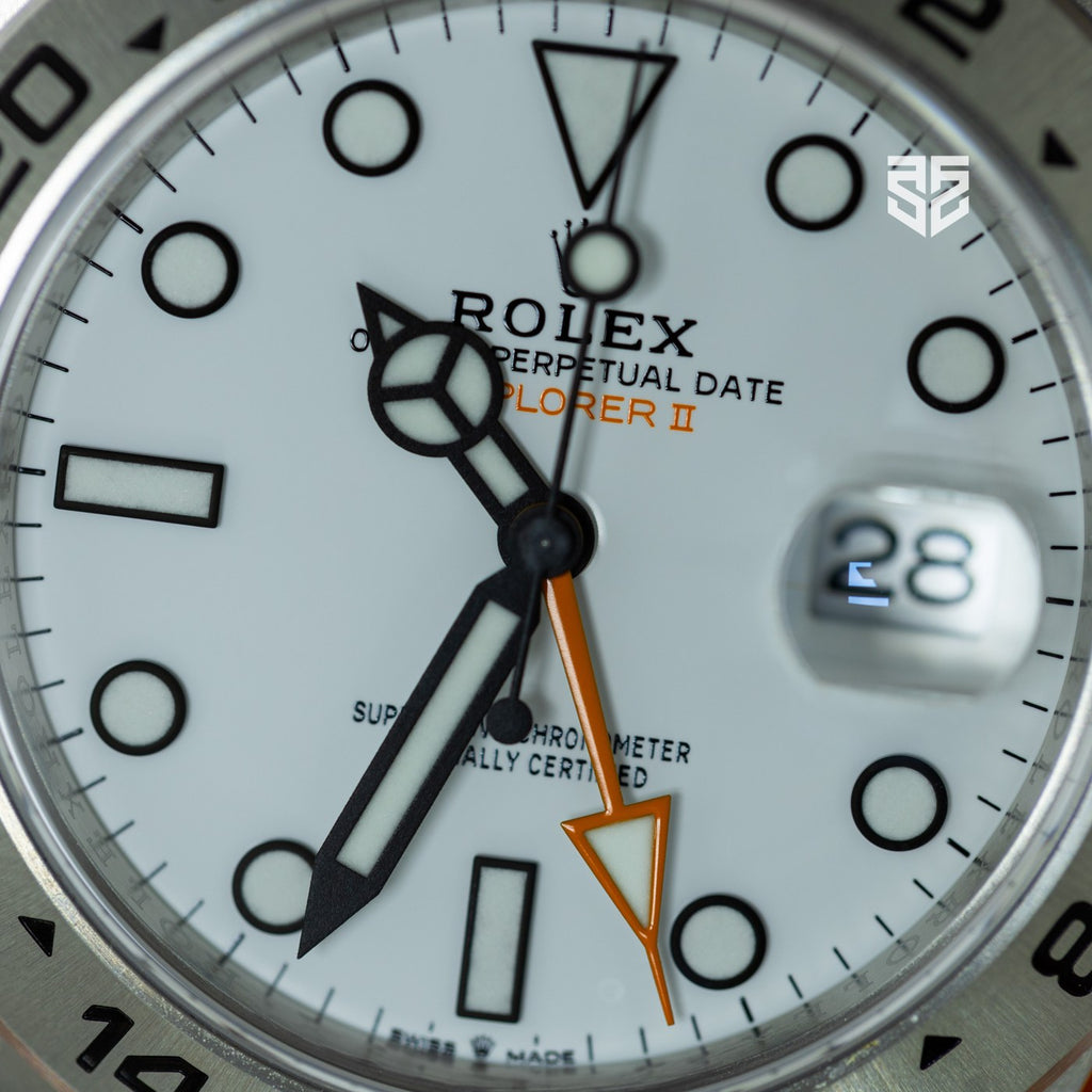 Rolex Explorer II Polar 226570 2023 dial detail — The Smiling Second, Melbourne