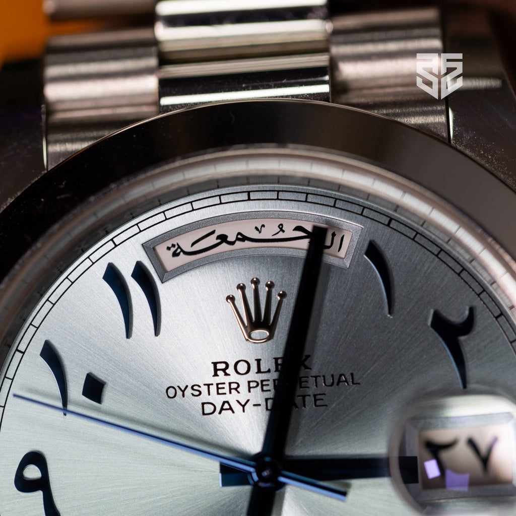 Rolex Day-Date 40 platinum Arabic 228206 2017 dial detail — The Smiling Second, Melbourne