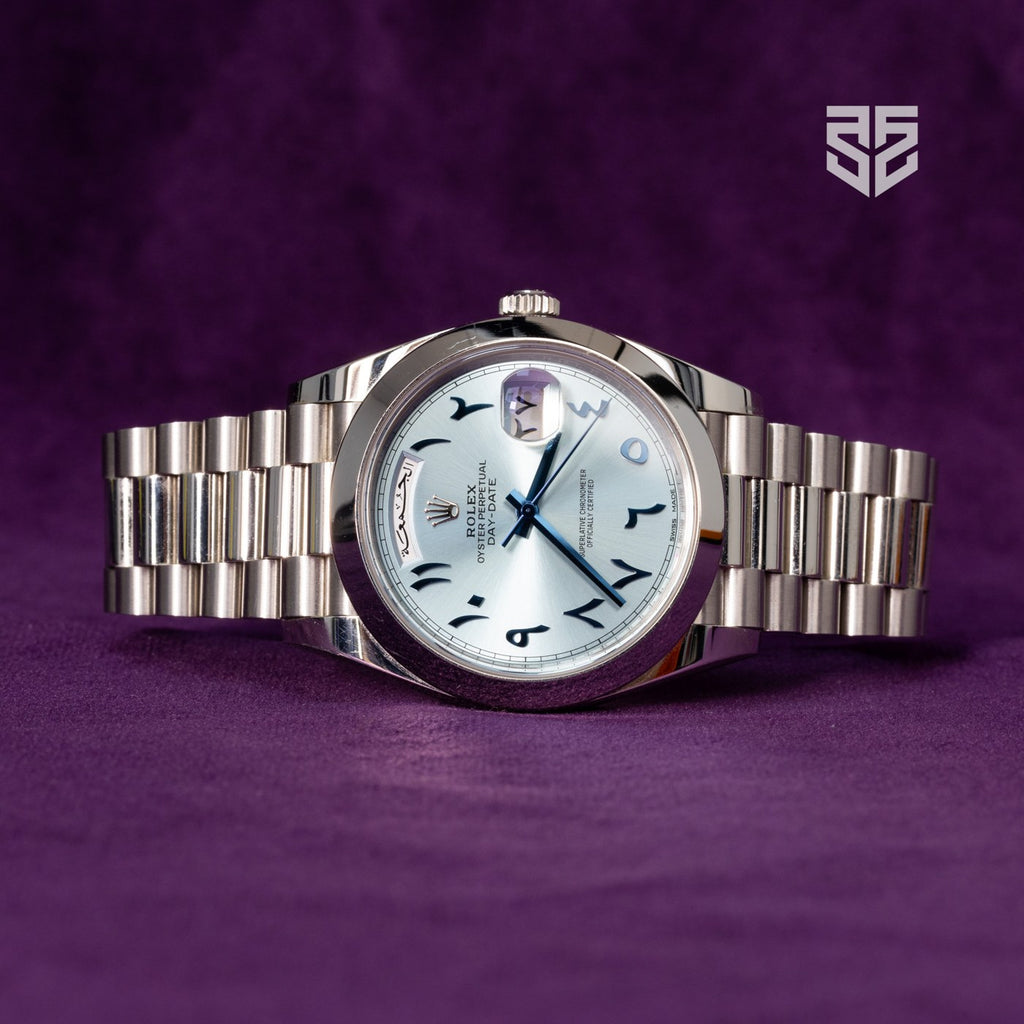 Rolex Day-Date 40 platinum Arabic 228206 2017 dial — The Smiling Second, Melbourne