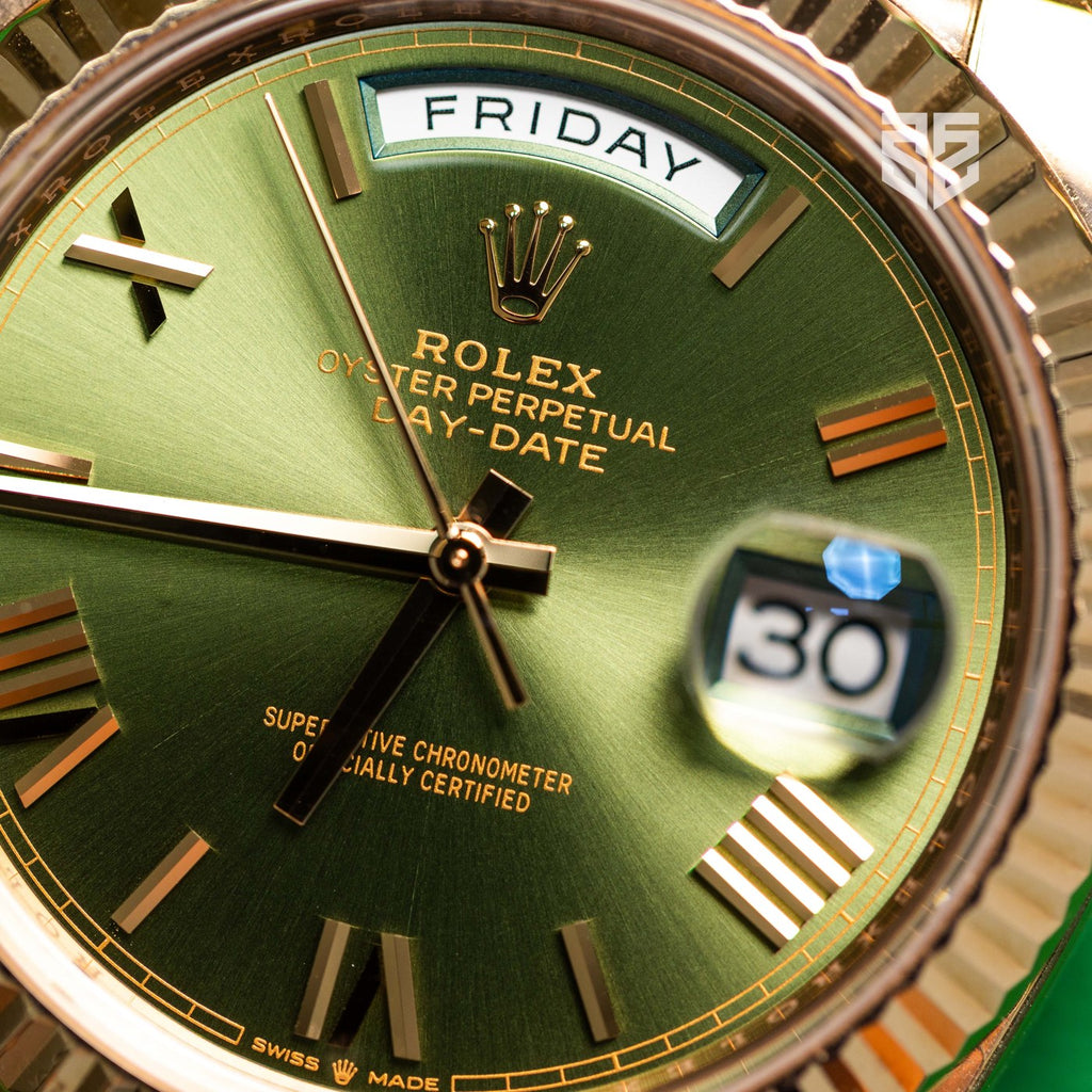 Rolex Day-Date 40 228235 olive dial 2022 dial detail — The Smiling Second, Melbourne