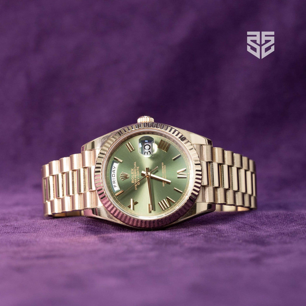 Rolex Day-Date 40 228235 olive dial 2022 dial — The Smiling Second, Melbourne