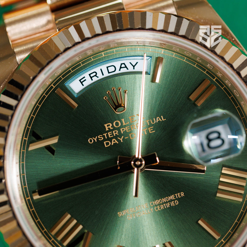 Rolex Day-Date 40 Everose Olive 228235 2023 dial detail — The Smiling Second, Melbourne