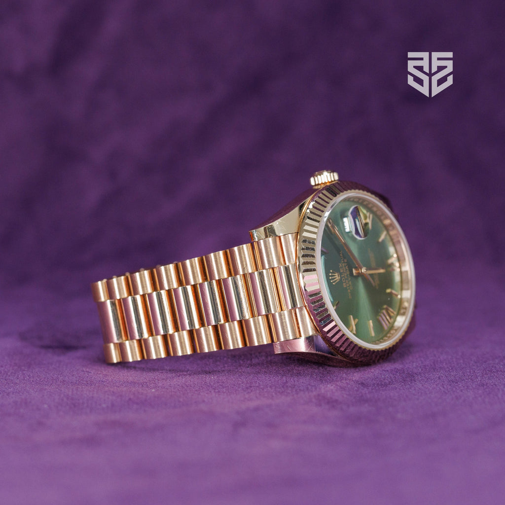 Rolex Day-Date 40 Everose Olive 228235 2023 case profile — The Smiling Second, Melbourne