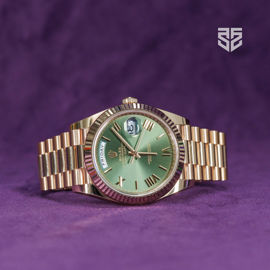 Rolex Day-Date 40 Everose Olive 228235 2023 full view — The Smiling Second, Melbourne