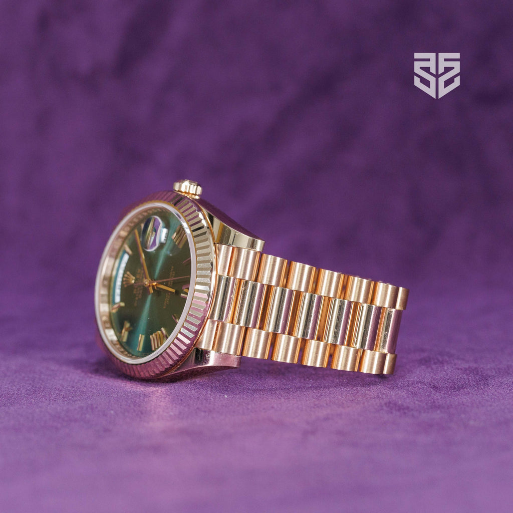 Rolex Day-Date 40 Everose Olive 228235 2023 case and bracelet at an angle — The Smiling Second, Melbourne
