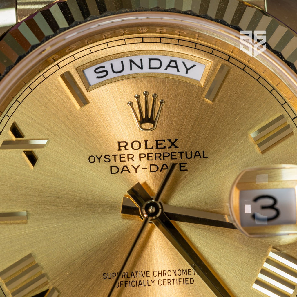 Rolex Day-Date 40 228238 champagne 2023 dial detail — The Smiling Second, Melbourne
