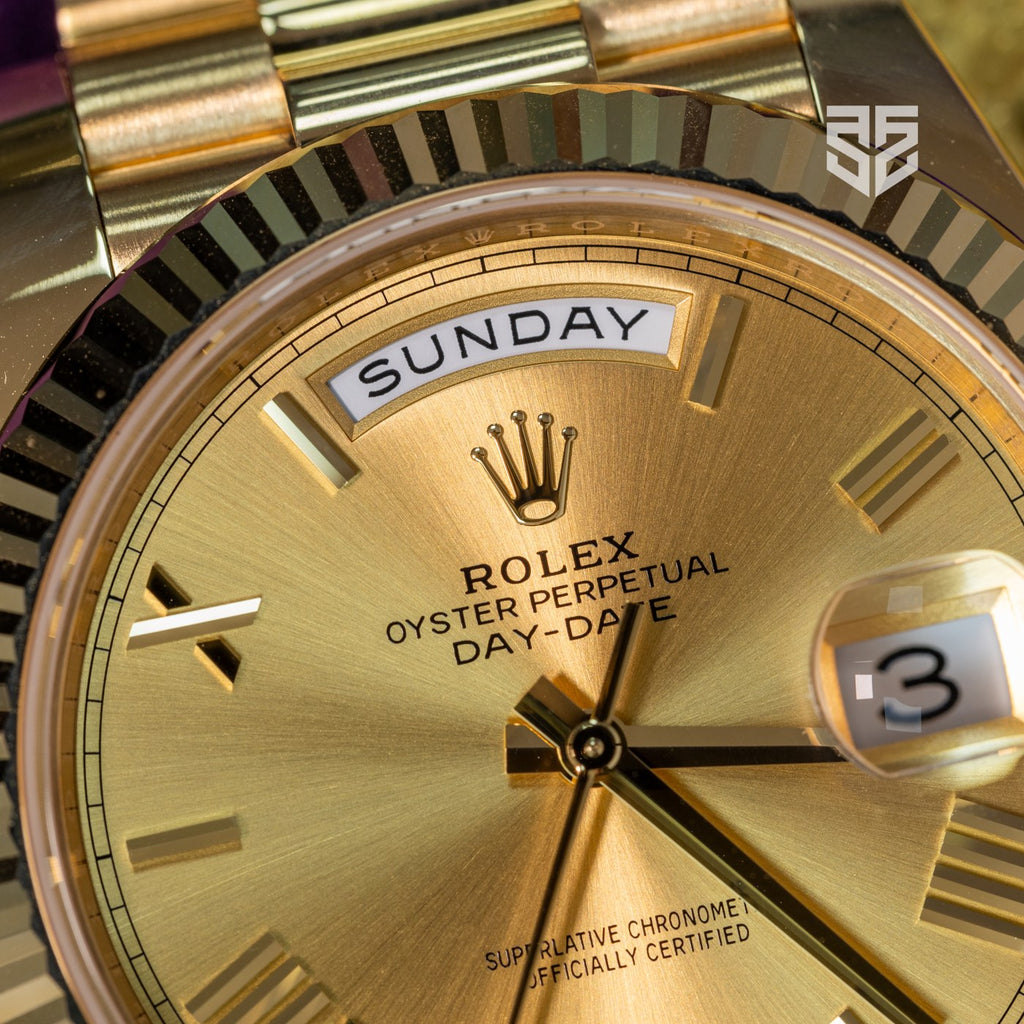 Rolex Day-Date 40 228238 champagne 2023 dial — The Smiling Second, Melbourne